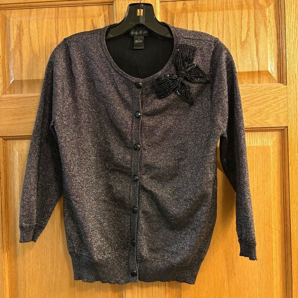 August Silk Silver Shine Black Beaded Embellished Bow Cardigan Women’s L Large